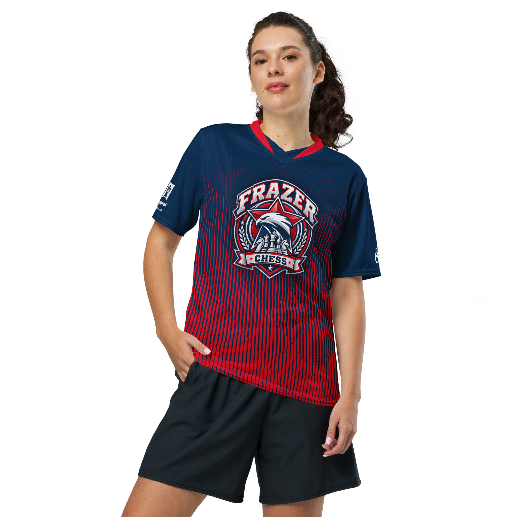 Woman wearing the blue-and-red Frazer Chess jersey