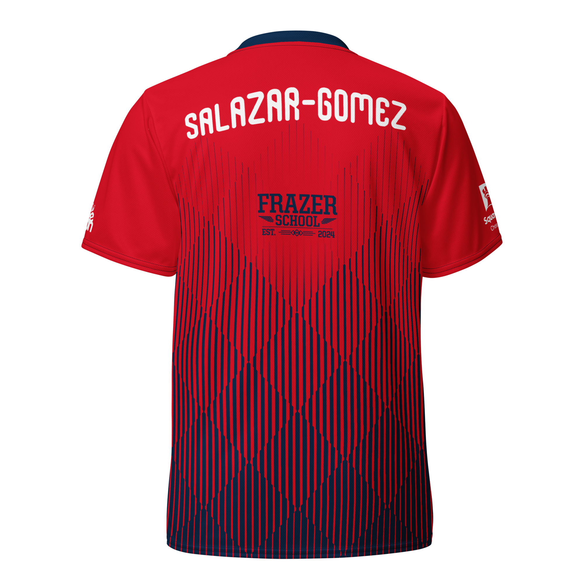 Personalized red-and-blue Frazer jersey back showing SALAZAR-GOMEZ above the Frazer School logo