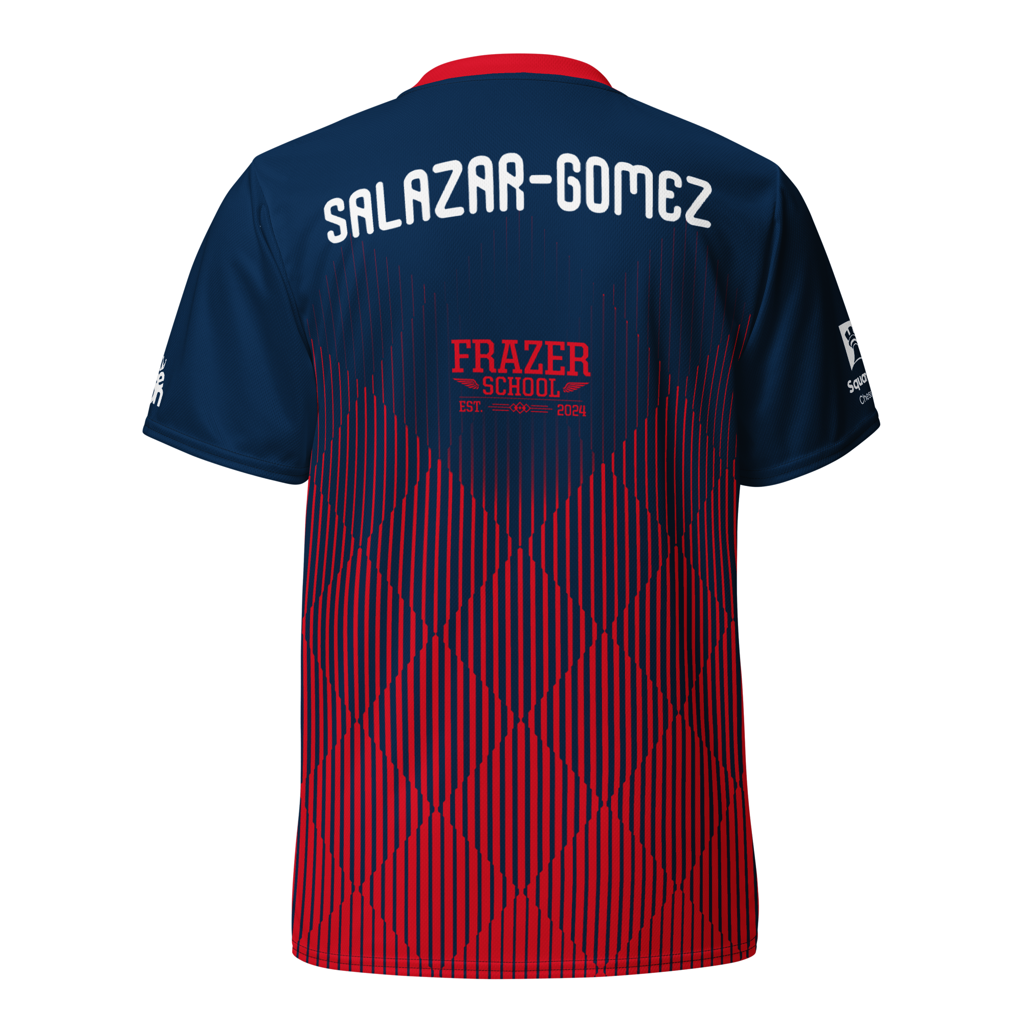 Personalized Blue-Red Frazer jersey back showing SALAZAR-GOMEZ